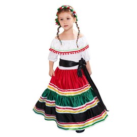 IKADEX Girls Traditional Mexican Dress Off Shoulder Rainbow Striped A-line Maxi Long Dresses with Belt White 13-14 Years