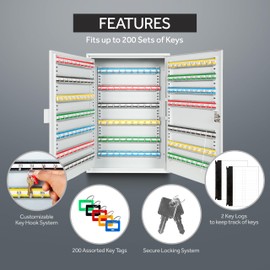 Durabox 200 Position Steel Key Cabinet - Organize and Secure Key Storage Lock Box with Numbered Hooks and Tags for Valets, Hotel, Office, Car Dealerships and More (K200) (Light Grey)