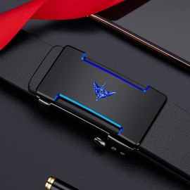 VANNANBA Cinturón de trinquete de diseño para hombre, hebilla automática, cinturones de cuero de trinquete para hombre, con caja de regalo, Azul / Patchwork, 39"-42" Waist Adjustable