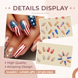 Independence Press on Nails Medium Square Fake Nails with American Flag Star Line Design Stick on Nails 4th of July Glue on Nails Patriotic Flag Acrylic Nails Glossy Artificial Nails for Women 24Pcs