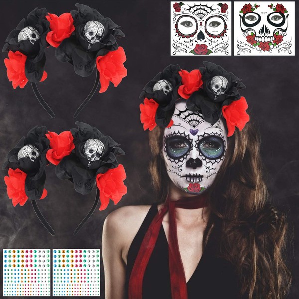 LOPITIN 2-Piece, Halloween Headband with Day of The Dead Temporary