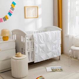 PINNKKU 3-Piece Crib Bedding Set for Boy Girls, Includes Crib Skirt, Blanket and Crib Sheet, Crib Baby Bedding, Pintuck Pinch Pleat White