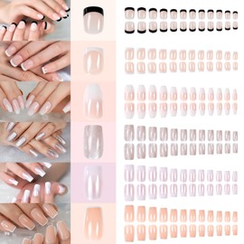 144Pcs 6 Pack Acrylic Ombre Fake Nails Press on Full Cover IKISKT Classic French Natural Nude Color Medium Short False Nail Art Kits Sets Great Christmas Gift for Lady Little Girls