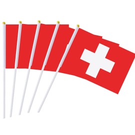 5 Pack Switzerland Swiss Mini HandHeld Stick Flag,Suitable For Various Holiday Parties,And National Flag Day.