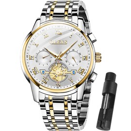 OLEVS Men Multifunction Watch, Multi Dial Waterproof Luminous Chronograph Men's Watch with Date Gift for Men, gold and White, ROUND, Business