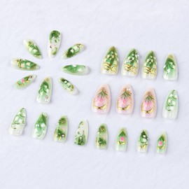 BABALAL Press on Nails Medium Almond Fake Nails Green Pink Glue ons Gold Bling Design Flower Print Coquette Manicure Supplies Handmade Art 24Pcs Glossy Full Cover Acrylic False Nails for Women Girls
