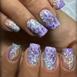 Purple Flower Press on Nails Short Square Fake Nails with Stripe Floral Rhinestones Designs Spring French Tip False Nails Full Cover Acrylic Glue on Nails Stick on Nails for Women 24 Pcs