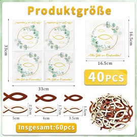 Pack of 40 Confirmation Napkins + 60 Wooden Fish Set, Confirmation Decoration for Boys and Girls, Eucalyptus Green, Confetti Table Decoration, Party Gifts, Guest Gifts, Confirmation Gifts for Boys and