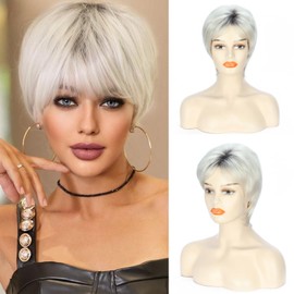 Short Pixie Cut Wigs for White Women Synthetic Womens Wigs Pixie Cut Hair White Wigs with Bangs Mullet Wigs for Women Shoulder Length Hair Wigs Layered Short Womens Wigs(Ombre White)