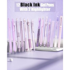 Four Candies Juego de 14 plumas de tinta gel en colores pastel con estuche, 12 plumas de tinta negra con 2 resaltadores para escritura, punta fina... 