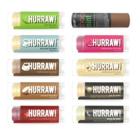 Hurraw! Lip Balms: Staff Favorites, 10 Balms Bundle Pack – Mint, Early Grey, Coffee Bean, Coconut, Black Cherry (Tinted), Chocolate Mint, Watermelon, Vanilla Bean, Sun (SPF15), Moon. Made in USA.