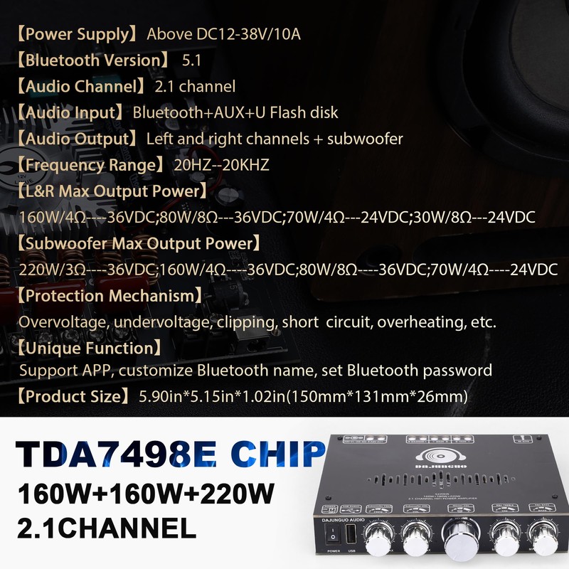 S220HS 2.1 Channel Bluetooth Amplifier Board 160W+160W+220W TDA7498E Chip,with Treble