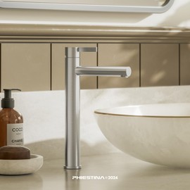 Phiestina Single Hole Tall Brushed Nickel Vessel Bathroom Sink Faucet, One Hole Single Handle Modern Bathroom Faucet, with Pop Up Drain and Water Supply Line,FH01-BN-V