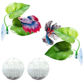2pcs Aquarium Betta Leaf Hammock to Rest with 2 pcs Nitrifying Ball, Betta Hammock Leaf Stimulating The Natural Habitat for Spawning Breeding, Aquatic Resting Bed Hammock, Fish Tank Decor (Betta Leaf)