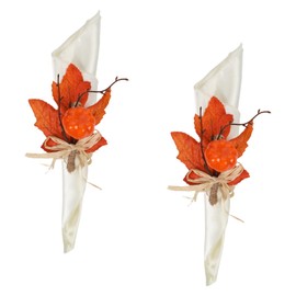 ICBOX Artificial Flowers Napkin Rings Set of 2 Fall Napkin Rings with Maple Leaves & Mini Pumpkin, Thanksgiving Table Decor, Harvest Autumn Napkin Holders for Dinner Parties, Farmhouse Rustic Table