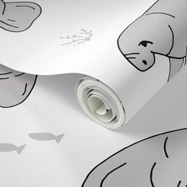 Peel & Stick Wallpaper Swatch - Manatee Manatees Animals White Florida Baby Nursery Fish Custom Removable Wallpaper by Spoonflower