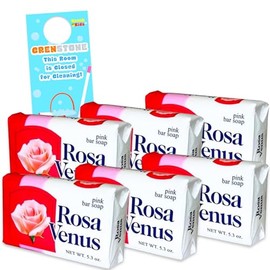 Rosa Venus Pink Bar Soap Bundle - 6 Pack Rosa Venus Jabón de Bano 5.3 oz Bars with Door Hanger | Gentle Foaming Bar Soap Pack