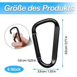 Carabiner, Pack of 6 Screw Carabiners, Aluminium Carabiner Hook, Robust Aluminium Carabiner, Carabiner Hook D Clip, for Outdoor Sports, Gym, Camping Accessories (Black)