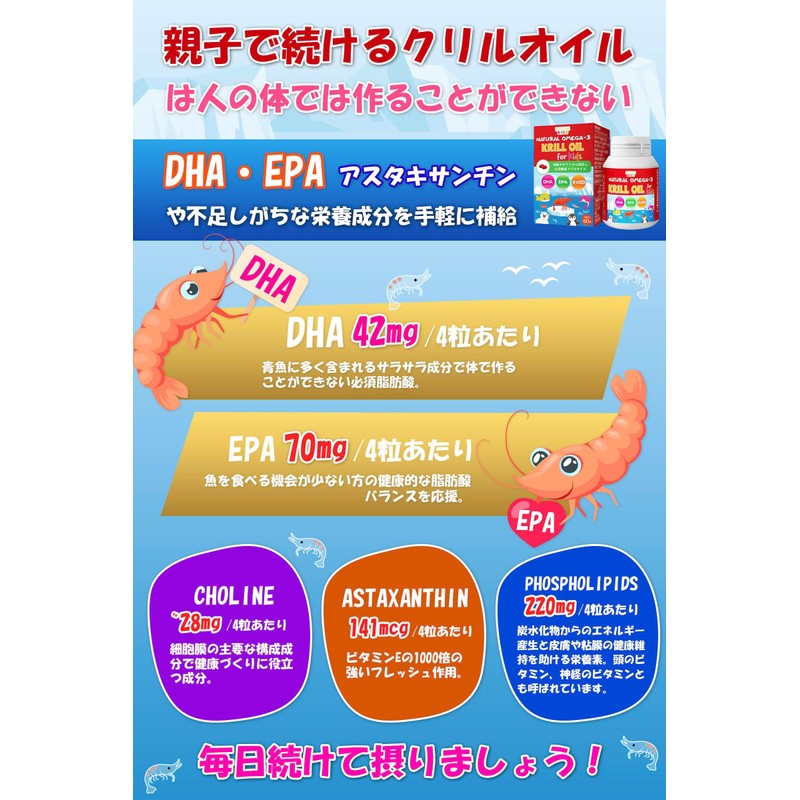 【国内製造・GMP認定】ナチュラルオメガ3クリルオイル｜子供も飲める｜DHA・EPA・アスタキサンチン配合｜EIKENBI Natural Omega-3 Krill Oil for Kids｜南極オキアミ由来サプリメント｜60粒・約30日分 【4箱セット】