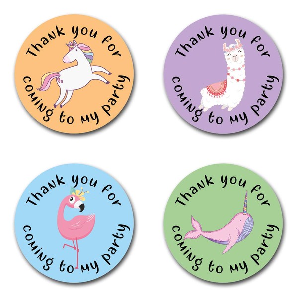 40mm Unicorn, Flamingo, Llama & Narwhal "Thank You For Coming To My Party" Round Stickers for Party Bags & Sweet Cones (24 x Stickers)