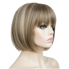 Lydell Short Bob Synthetic Wigs with Neat Bangs for Women Girls Blonde Brown