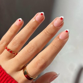 White French Tip Press on Nails Short Red Small Love Heart Design Valentine's Acrylic Nails Full Cover Glossy Coffin Nails Holiday Nails Artificial Stick on Nails Valentine's Women Manicure 24Pcs