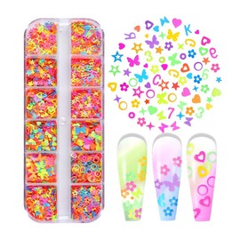 Yalibeay 12 Grids Letters Fluorescent Nail Art Colorful Glitters Sequins 3D Letter Flakes Alphabet Heart Nail Art Mixed Designs Nail Accessories for Women Girls Manicure Tips