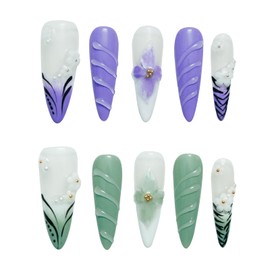 Tesytto 3D Design Flora Press On Nails - 10pcs Handmade Long Stiletto French Tip Gel Nails, Purple & Green Leaf False Nails for Nail Art (Flower Fairy,M)