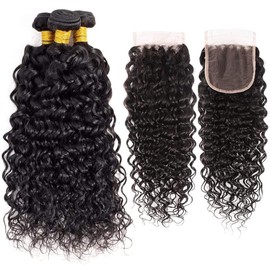 Water Wave Bundles Human Hair with Closure Wet and Wavy Weave Human Hair Bundles 100% Unprocessed Brazilian 3 Bundles Curly Human Hair Extension with 4x4 Lace Closure (10 12 14+10Inch)