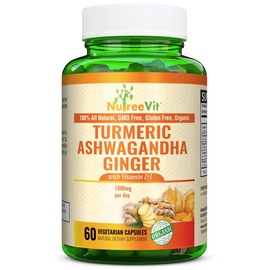 NutreeVit 100% Organic - Turmeric + Ashwagandha + Ginger + Vitamin D3 (240 Capsules)