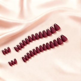 Uñas postizas de gel suave con punta francesa, cortas, almendradas, rojo oscuro brillante con base roja mate, con pegamento para uñas, adhesivas clási