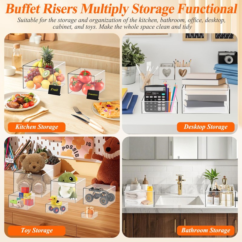8 Pcs Clear Acrylic Buffet Risers with Mini Sign and