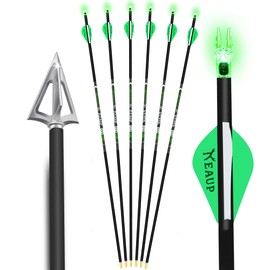 KEAUP 6 Pack 32 Inch Carbon Hunting Arrows with 100 Grain Hunting Broadheads and .244 Lighted Nocks Archery Arrows for Compound Bow Recurve Bow Archery Hunting (Green, Spine 350)