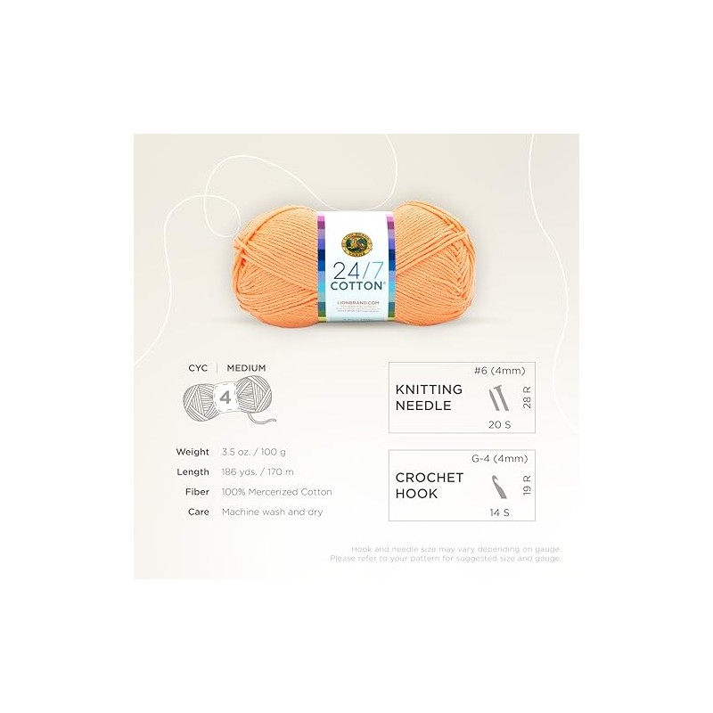 Lion Brand 24/7 Cotton Yarn, Lightweight Yarn for Knitting, Crocheting,