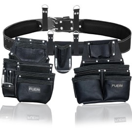 FUERI Leather Tool Belts for Men, Heavy-Duty Durable Carpenter Tool Rig Organizer With 19 Pockets-2 Pouches, Double Hammer Holder, Suspender Loops, And A Foam-Padded Belt for Framers, And Electricians