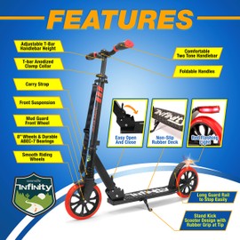 SereneLife Red & Black Foldable Kick Scooter, Adjustable Height, Smooth Ride, Lightweight, Portable