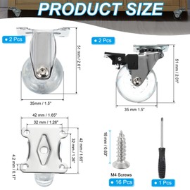 PATIKIL 1.5 Inch Rigid Fixed Caster & Locking Swivel Wheels with Brake, Clear PU Furniture Wheels 165 Lbs Load with Screws Screwdriver for Cabinet (2 Fixed Casters, 2 Swivel Casters)