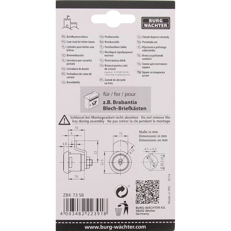 Burg-Wächter ZBK 73 Universal Cylinder Replacement Cylinder for Letterboxes of