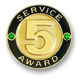 5 Year Service Gold Award Pin with Green Stones