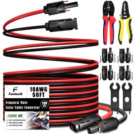 Feotech Twin Wire 50FT Solar Extension Cable - 10AWG (6mm²) Solar Panel Connector, with IP67-Male/Female Solar connectors for Outdoor Automotive RV Boat Marine Solar Panel- Black & Red