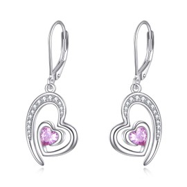 NIFUNAO Double Heart Earrings for Women 925 Sterling Silver Pink Crystal Dangling Heart Earrings for Women Heart