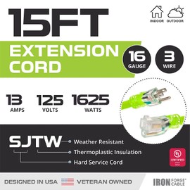 Iron Forge Cable Weatherproof 15 Ft Outdoor Extension Cord - 16/3 SJTW 13 Amp Heavy Duty Neon Green High Visibility Cable with 3 Prong - Lighted End