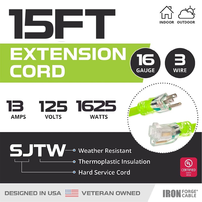 Iron Forge Cable Weatherproof 15 Ft Outdoor Extension Cord -