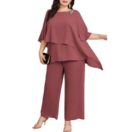 Hanna Nikole Women's Large Sizes Chiffon Evening Suit Sets, Cocktail Party, Festive Elegant 2-Piece Set, Shirt and High Waist Trouser Suit, Two Pieces, Dark pink