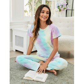 EISHOPEER Women's Pajama Set Printed Short Sleeve Top & Long Pants Sleepwear Pjs Sets, Tie Dye Mix a, Small
