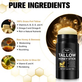 Beef Tallow Honey Care Stick 75g - 100% Grass-Fed Sebum with Shea Butter & Olive Oil, Intensive Moisturiser for Dry & Sensitive Skin, Face & Body