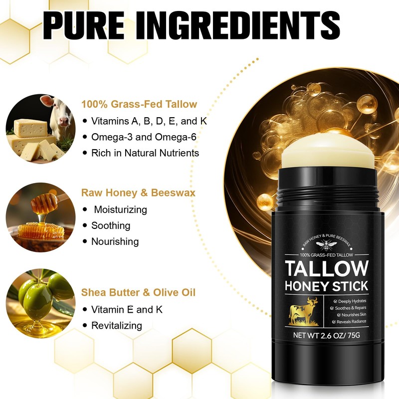 Beef Tallow Honey Care Stick 75g - 100% Grass-Fed Sebum
