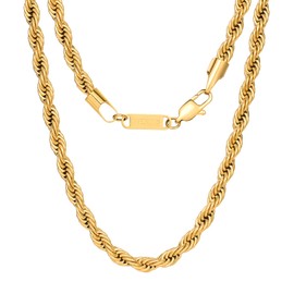 VEXXS Rope Chain, 18K Real Gold Plated Rope Necklace Gold Chain, Durable No Color Fading 3mm 5mm Miami Cuban Link Chain Men’s Necklace