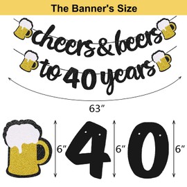 40th Birthday Decoration, 40th Birthday Balloons with Cheer Banner, 40Inch Number 40 Foil Balloons, 40th Sign Black Gold Balloons Champagne Cups Foil Balloons, Happy Birthday Decor for Men Him