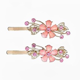 Rose Gold Flower Bobby Pin Rhinestone Crystal Hair Clip Hairpin Jeweled (Pink - Pointed Petals)